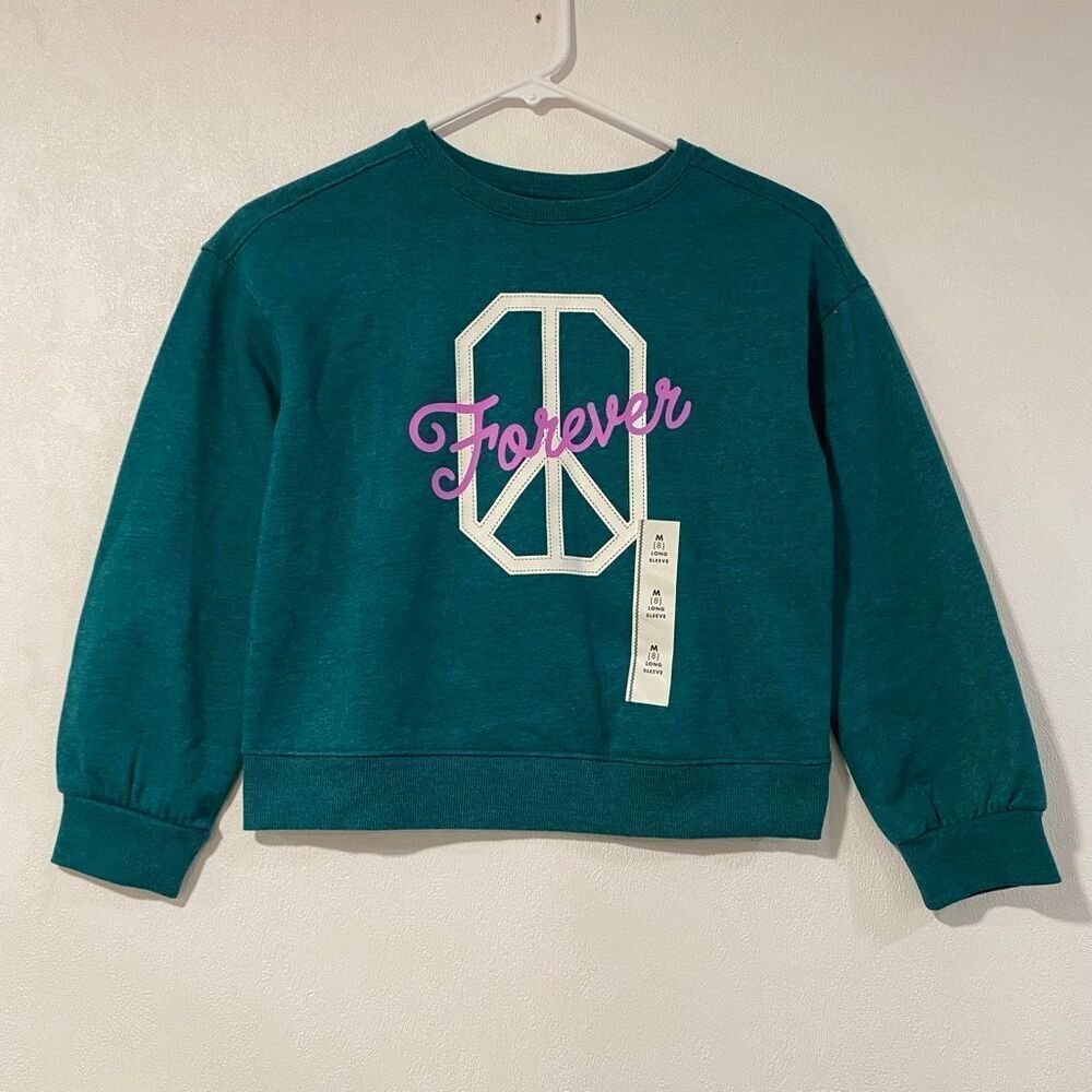 Cat & Jack Peace Sweatshirt Kids M(8) Green Graphic Cozy Crewneck NWT